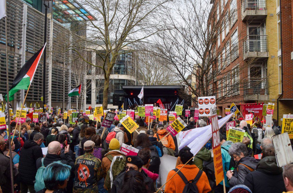 Mandatory Credit: Photo by Vuk Valcic/SOPA Images/Shutterstock (14391464n) Protesters stand with anti-racism placards outside the Home Office during the march against racism, Islamophobia and antisemitism. March Against Racism, Islamophobia and Antisemitism in London, UK - 16 Mar 2024