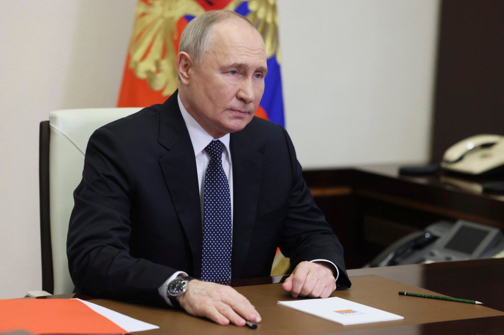 Russian President Vladimir Putin chairs a Security Council meeting at the Novo-Ogaryovo state residence outside Moscow, Russia, Friday, March 15, 2024.