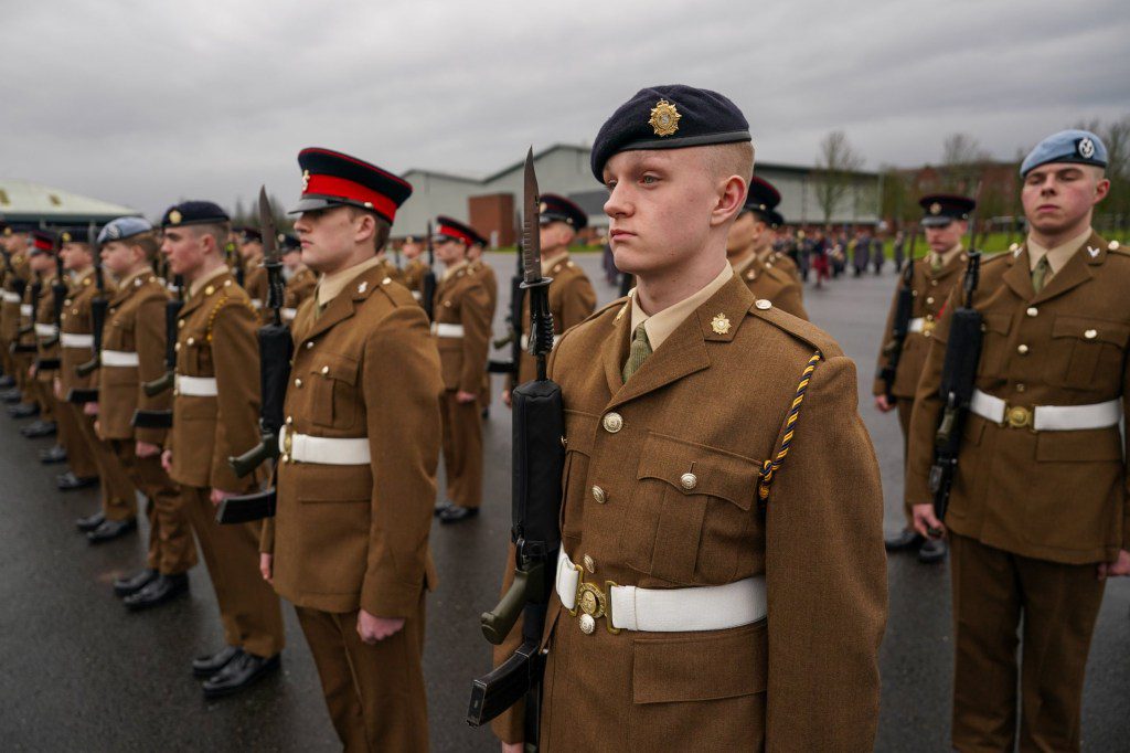 Junior Soldiers parade on the Regimental square as they graduate from the Army Foundation College on February 15, 2024 in Harrogate, England.