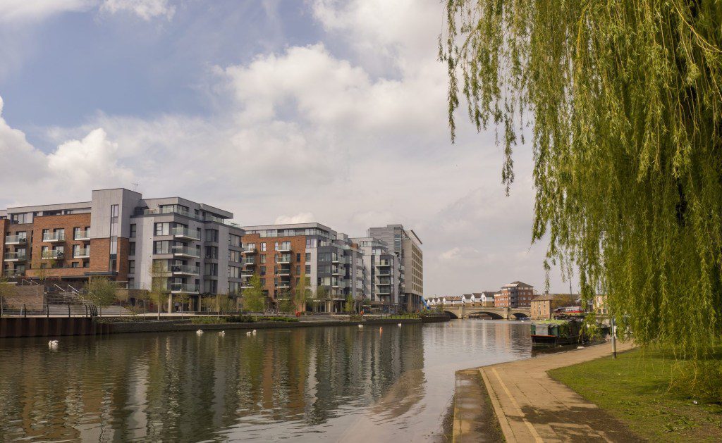 The River Nene in the centre of Peterborough, Cambridgeshire, UK