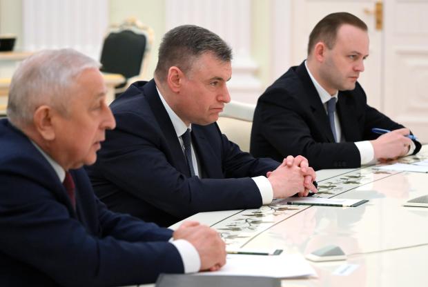 Candidates who ran in the Russian presidential elections, Nikolai Kharitonov, right, Leonid Slutsky, centre, and Vladislav Davankov attends a meeting with Russian President Vladimir Putin in Moscow, Russia, Monday, March 18, 2024. (Grigory Sysoyev, Sputnik, Kremlin Pool Photo via AP)