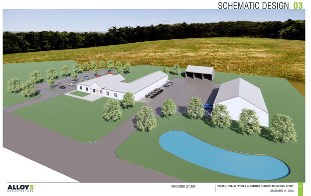 A conceptual drawing of the proposed new township complex in an open space farm field at 370 Evans Road is dated Dec. 21, 2020.(Courtesy of Upper Pottsgrove Township)