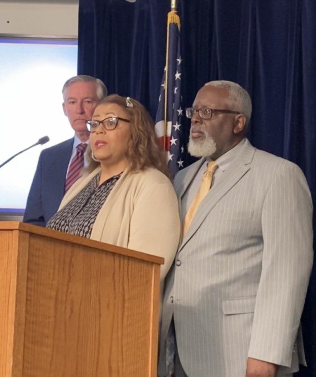 Carol King and her husband, Allen, the parents of murder victim Rachel King, speak at a news conference in April 2023 where Montgomery County D.A. Kevin Steele (in background) announced arrests in the homicide investigation. (Photo by Carl Hessler Jr.)