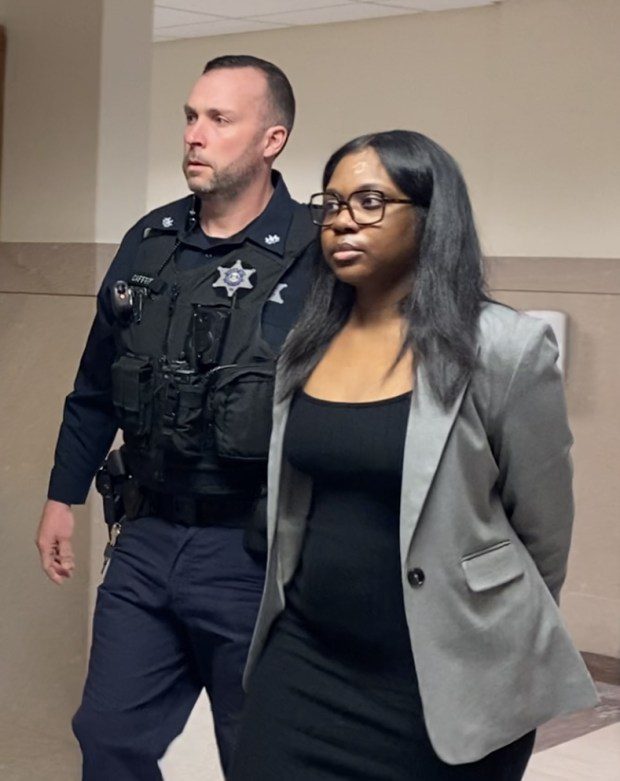 Julie Jean is escorted by a deputy sheriff from a Montgomery County courtroom on March 18, 2024, during a break at her homicide trial. (Photo by Carl Hessler Jr. - MediaNews Group)