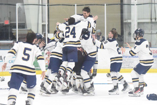 La Salle ice hockey players celebrate after their 6-3 victory over Malvern Prep in the Flyers Cup AAA final on Wednesday, March 20, 2024 at Hatfield Ice. (Mike Cabrey/MediaNews Group)