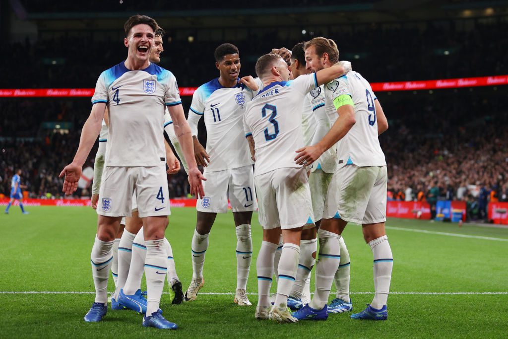 England players celebrate scoring a goal in a Euro 2024 qualifier