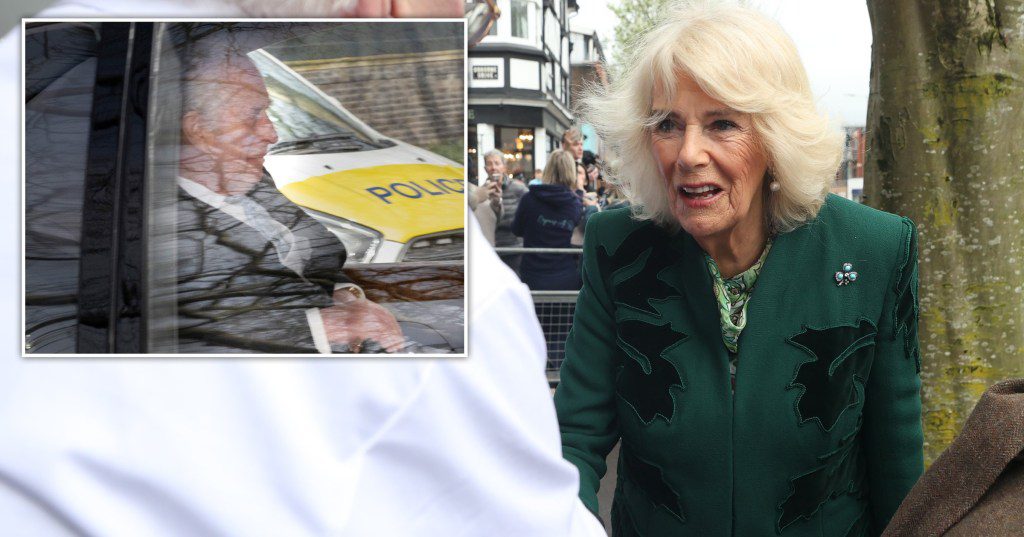 King Charles in the back of a car and Queen Camilla at a royal engagement. 