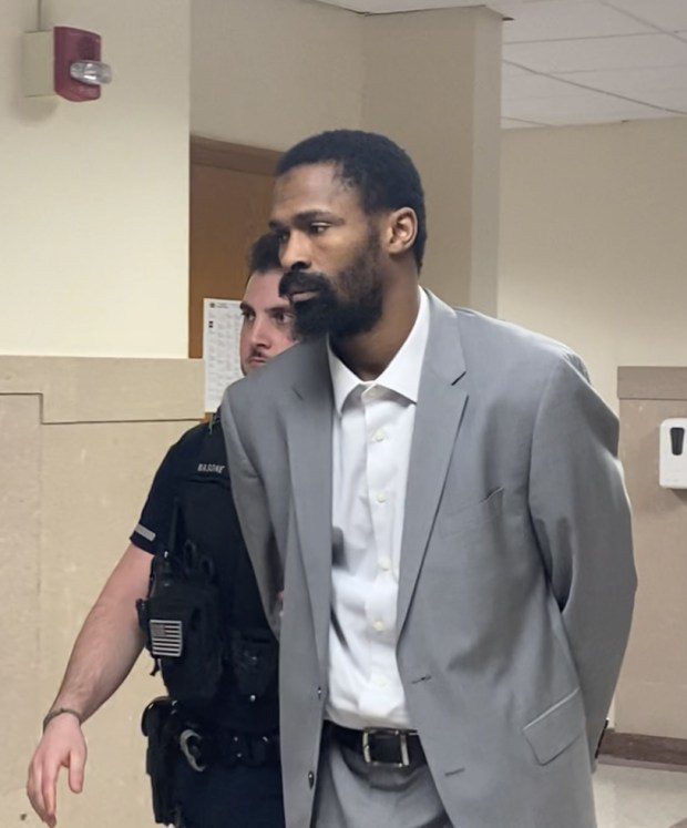 Zakkee Alhakim is escorted by a deputy sheriff from a Montgomery County courtroom on March 21, 2024, to await a verdict at his homicide trial. (Photo by Carl Hessler Jr. - MediaNews Group)