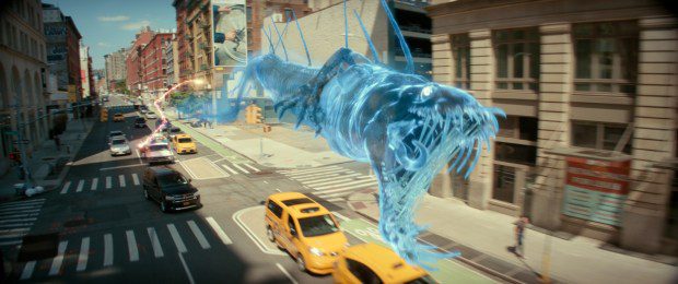 The Ghostbusters, in Ecto-1, chase the Sewer Dragon Ghost through New York City in a scene from "Ghostbusters: Frozen Empire." (Courtesy of Sony Pictures)