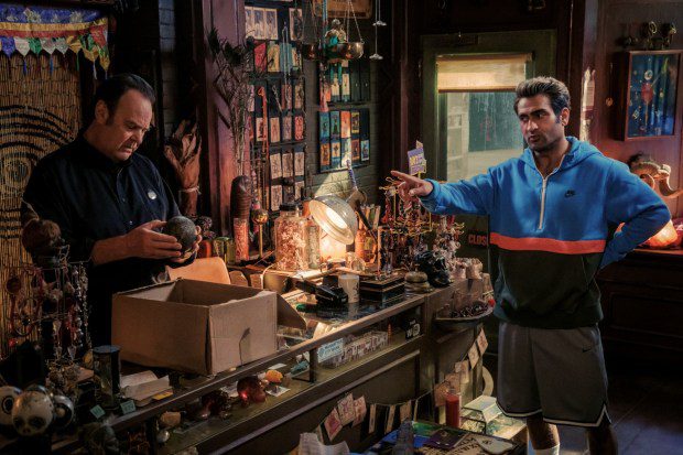 Ray Stantz, portrayed by Dan Aykroyd, left, and Nadeem Razmaadi, portrayed by Kumail Nanjiani, make a deal in a scene from "Ghostbusters: Frozen Empire." (Courtesy of Sony Pictures)