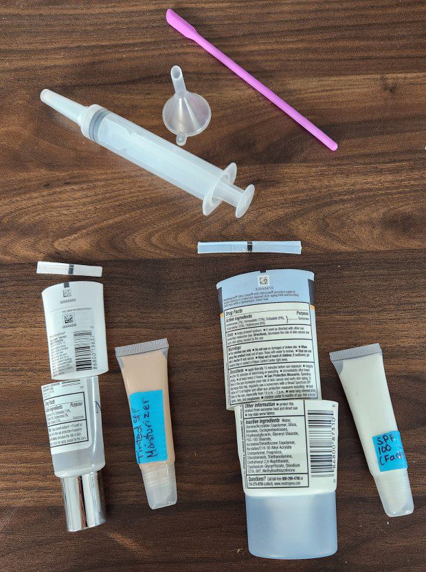 Nearly empty product tubes often contain enough to last a few weeks on the road, if properly decanted. Needless kitchen syringes and silicone cosmetic spatulas help salvage every last drop. (Myscha Theriault/TNS)