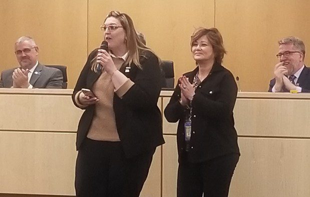 Andrea Fink, president of the William Penn Education Association, left, with Linda Fox, president of the Upper Darby Education Association. (Alex Rose - Daily Times)