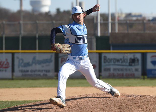 North Penn pitcher Trevor Lugara, 24, throws a pitch against Pennridge during their game on Thursday, March 21, 2024. (Mike Cabrey/MediaNews Group)