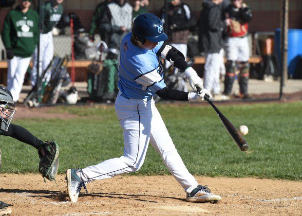 North Penn's Kevin Brace, 3, connects on a single in the bottom of the third inning against Pennridge during their game on Thursday, March 21, 2024. (Mike Cabrey/MediaNews Group)