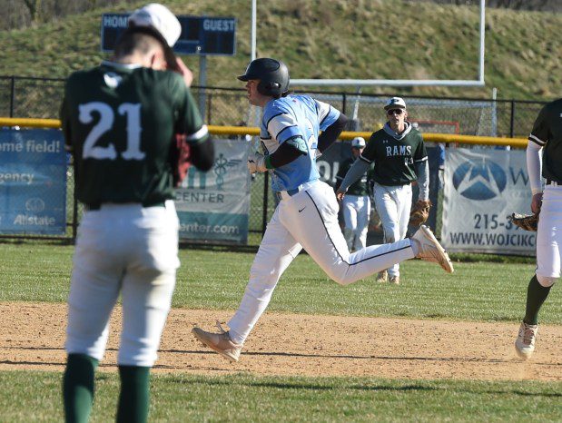 North Penn's Chase Jones, 2, rounds the bases after his two-run home run in the bottom of the third inning agianst Pennridge on Thursday, March 21, 2023. (Mike Cabrey/MediaNews Group)