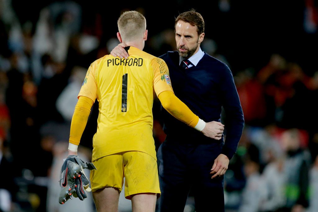 Jordan Pickford of England, coach Gareth Southgate of England  during the  UEFA Nations league match between Holland  v England  at the Estádio D. Afonso Henriques on June 6, 2019