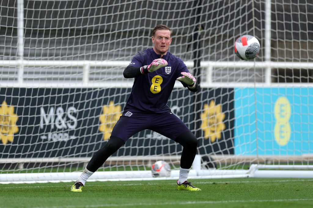 Jordan Pickford of England in action during a training session at St George's Park on March 21, 2024