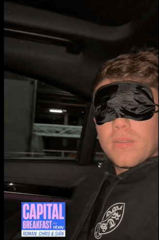 Roman Kemp blindfolded for send off show