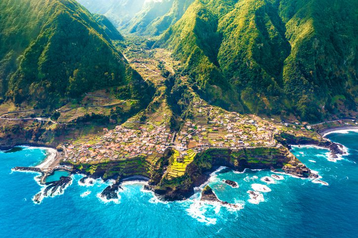 Aerial view of Madeira island. Land meets ocean in Seixal, Madeira, Portugal