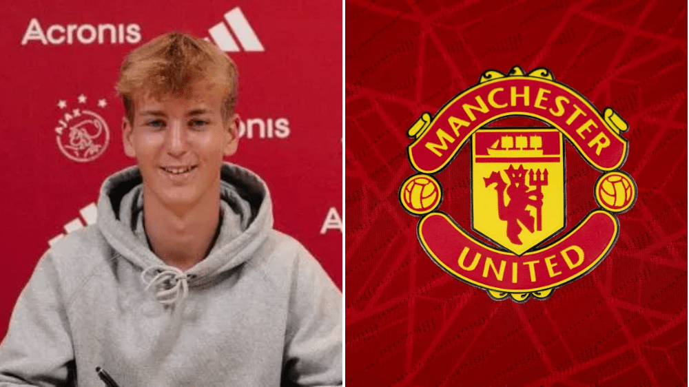 Lasse Abildgaard pictured signing a contract at Ajax next to the Manchester United badge (Picture: @AFCAjax/Getty)