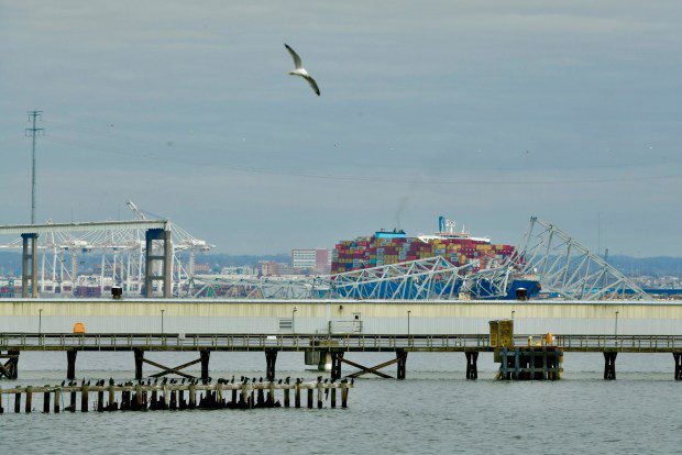 View of collapsed Key Bridge from Stoney Beach. In the foreground is a pier connected to the Brandon Shores power plant. (Amy Davis/Staff)