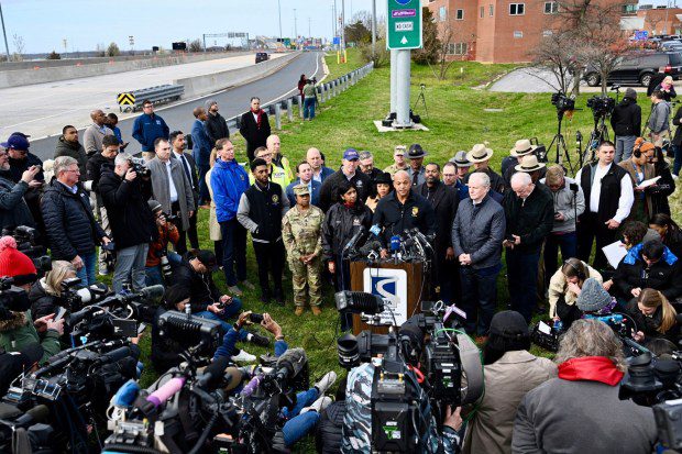 Gov. Wes Moore speaks at a news conference about the Francis Scott Key Bridge which collapsed early Tuesday morning after it was hit by a ship. (Jerry Jackson/Staff)