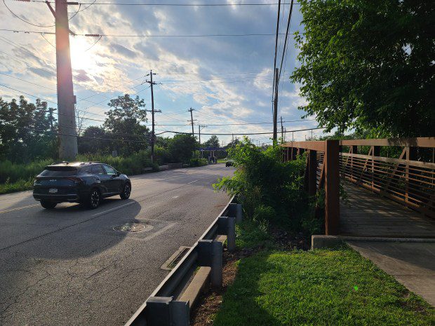 Cars speed past a pedestrian bridge on Sumneytown Pike in Upper Gwynedd in Aug. 2023. (Dan Sokil - MediaNews Group)