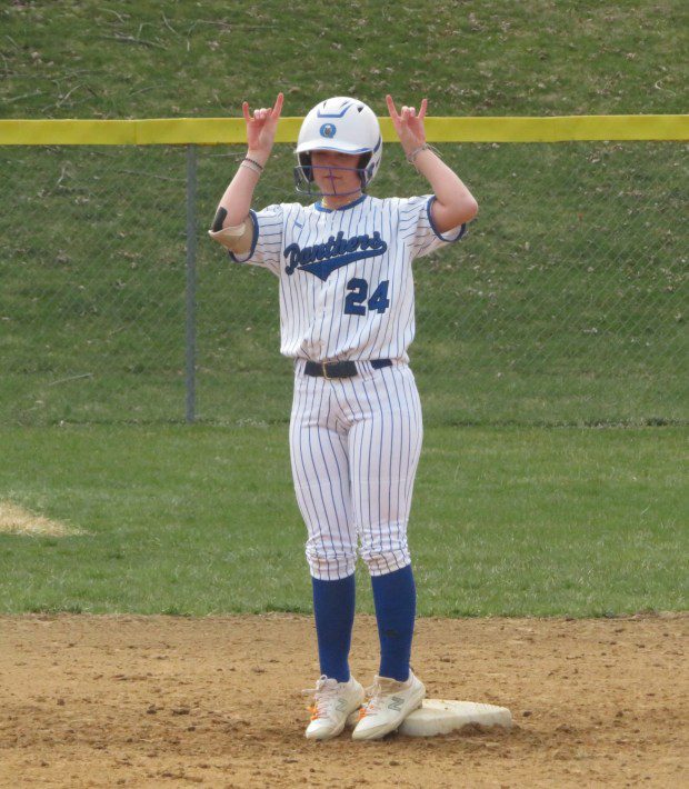 Quakertown's Ava Beal celebrates after hitting a double against Plymouth Whitemarsh Tuesday, March 26, 2024. (Ed Morlock/MediaNews Group)