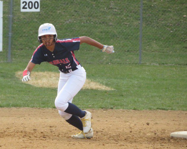 Plymouth Whitemarsh's Kalina Childers runs for third base against Quakertown Tuesday, March 26, 2024. (Ed Morlock/MediaNews Group)