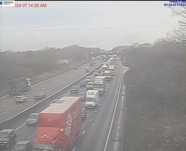 Queueing traffic on the M6 after a lorry hit a bridge. 