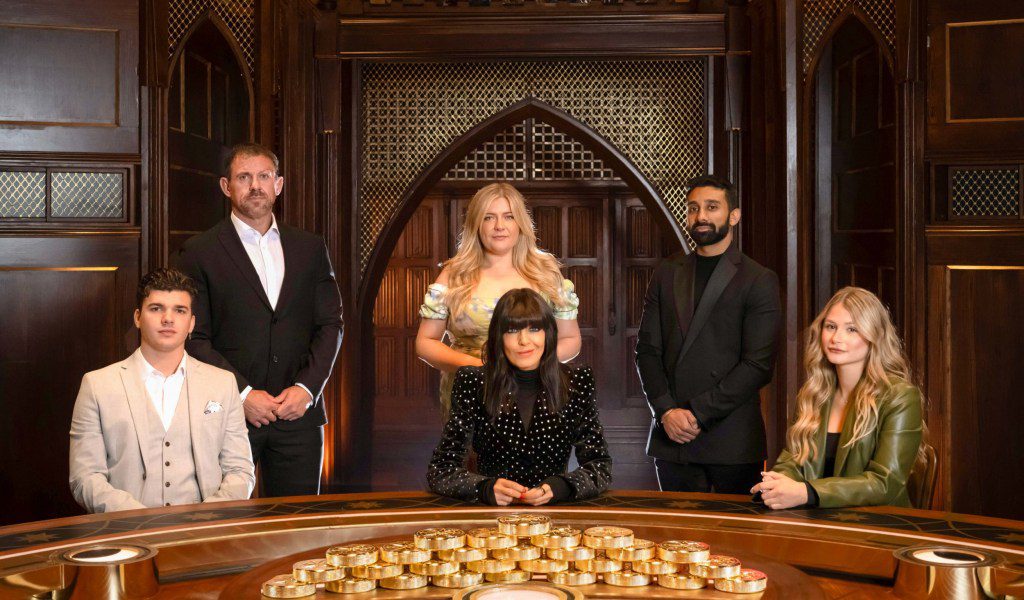 The Traitors Harry, Andrew, Evie, Claudia Winkleman, Jaz, Mollie