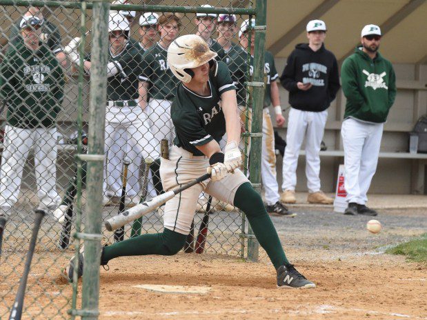 Pennridge's Joe Gregoire, 10, hits an RBI groundout to give the Rams a 3-2 lead in the top of the sixth inning against Souderton during their game on Tuesday, March 26, 2024. (Mike Cabrey/MediaNews Group)