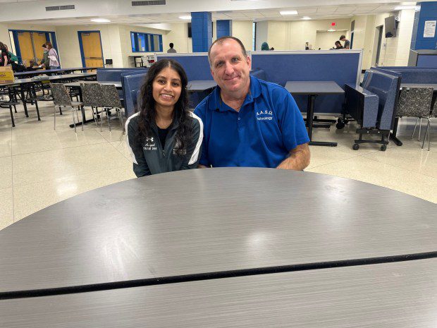 NASD Robotics Coach Tom Tom Auman and Mentor Angel Patel pose for a photo ahead of a statewide competition that will be taking place at Norristown Area High School. (Rachel Ravina - MediaNews Group)