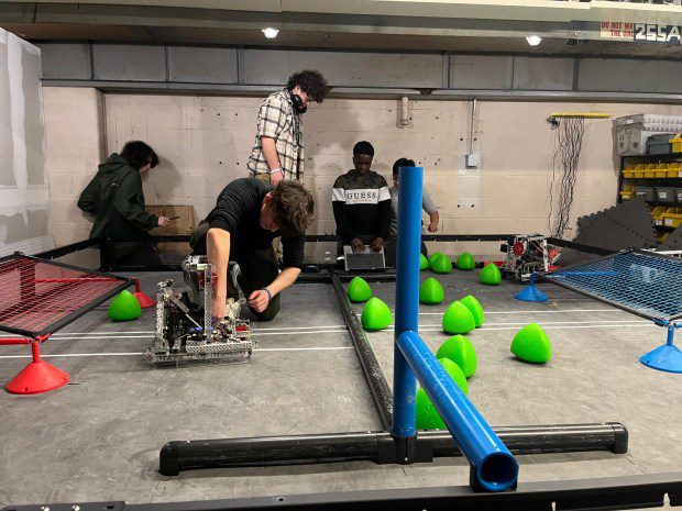 Members of the Norristown Area School District Robotics Club are pictured practicing ahead of a statewide competition this weekend at Norristown Area High School. (Rachel Ravina - MediaNews Group)