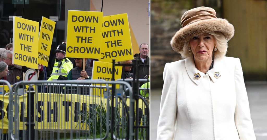 Queen Camilla and signs from an anti-monarchy protest in Worcester