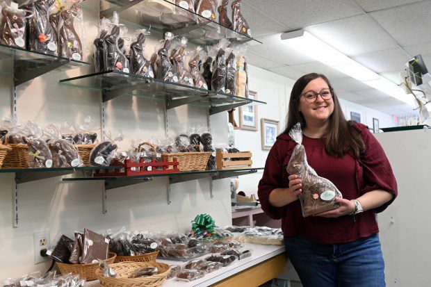 Tricia Kummerer, owner, displays some of the chocolates that are available for Easter at Billy's Homemade Candies, 4949 Kutztown Road, Temple. She says a record spike in chocolate prices has left her with no choice but to raise prices. (BILL UHRICH - MEDIANEWS GROUP)