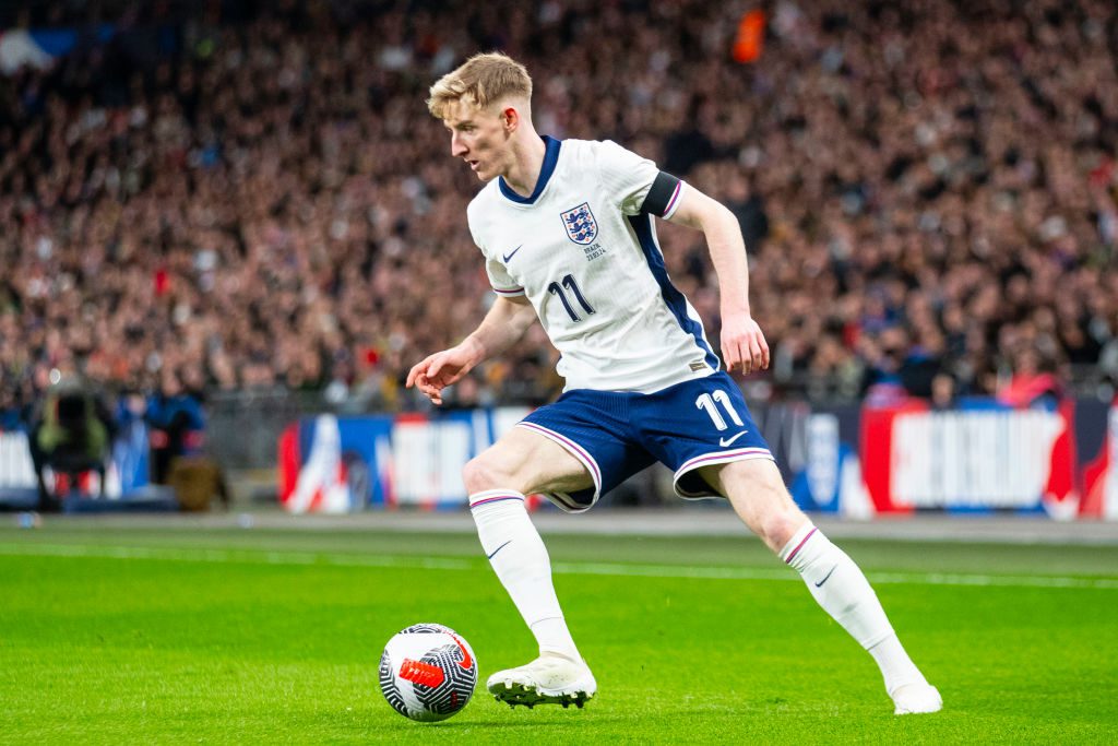 Anthony Gordon playing for England against Brazil