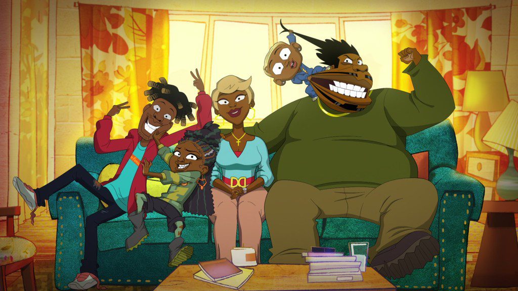 Good Times (L to R) Jay Pharoah as Junior, Marsai Martin as Grey, Yvette Nicole Brown as Beverly, Gerald Anthony 'Slink' Johnson as Dalvin and JB Smoove as Reggie in Good Times. 