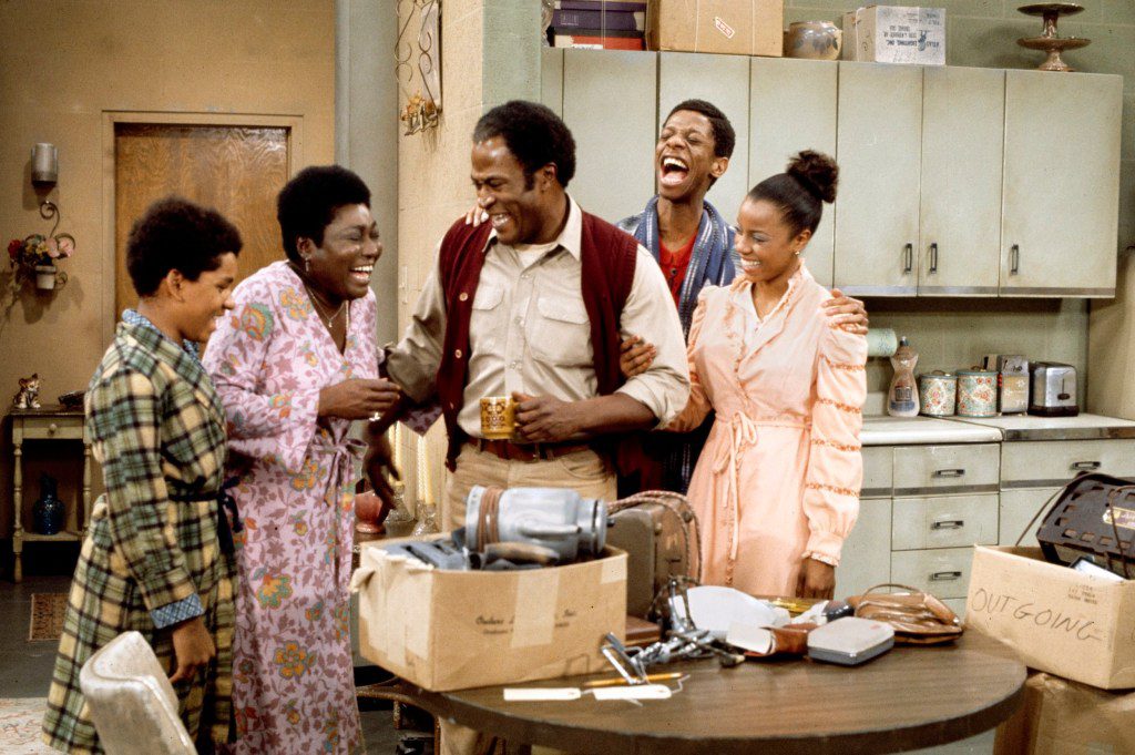 LOS ANGELES - JANUARY 1: Good Times, a CBS television situation comedy. Premiere episde, February 8, 1974. Pictured from left is Ralph Carter (as Michael Evans), Esther Rolle (as Florida Evans), John Amos (as James Evans, Sr.), Jimmie Walker (as James 'J.J.' Evans, Jr.), BernNadette Stanis (as Thelma Evans). (Photo by CBS via Getty Images)