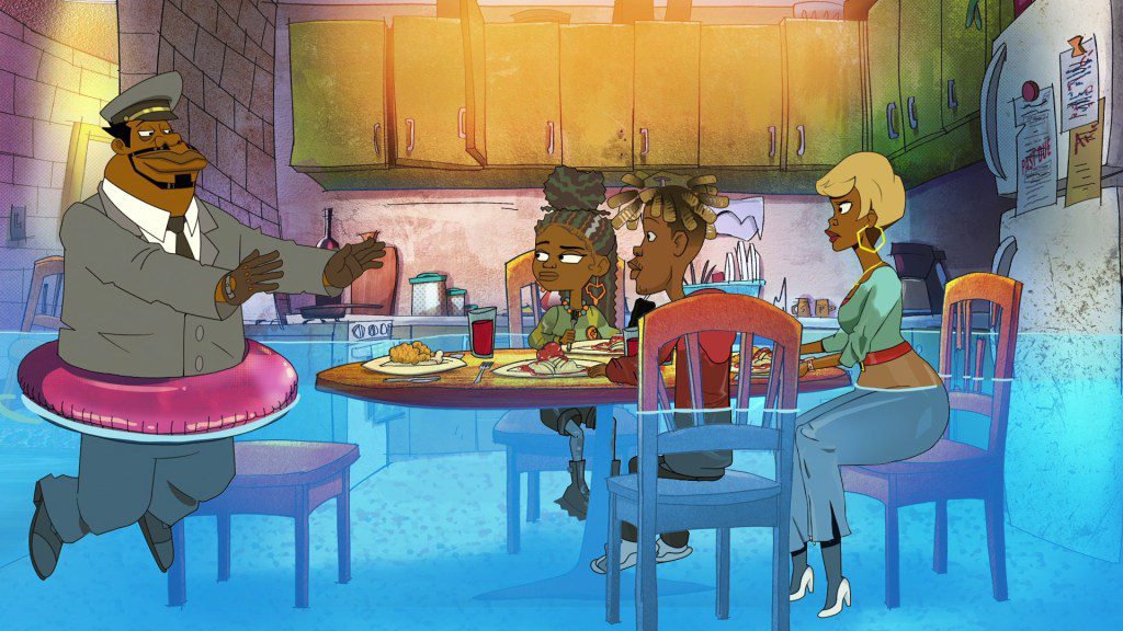 Good Times (L to R) JB Smoove as Reggie, Marsai Martin as Grey, Jay Pharoah as Junior and Yvette Nicole Brown as Beverly sitting around a dining table