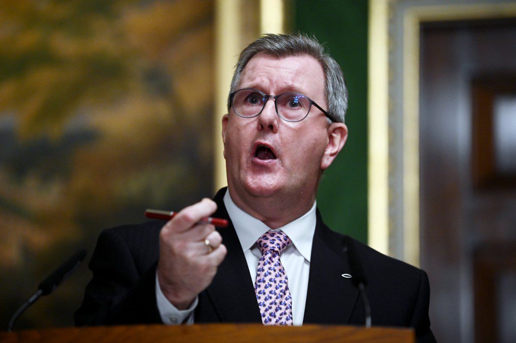 BELFAST, UNITED KINGDOM - JANUARY 31: Democratic Unionist Party (DUP) leader, Sir Jeffrey Donaldson and Northern Ireland Secretary, Chris Heaton-Harris (not pictured), speak to the media on January 31, 2024 in Belfast, United Kingdom. The province has been without a government for two years since the DUP triggered the collapse of the power-sharing executive in a protest against post-Brexit trade checks between Northern Ireland and Great Britain, known as the Windsor Framework. After a meeting on Monday night, the DUP agreed to return to Stormont after the UK government signed up to a further deal on post-Brexit trade arrangements. (Photo by Charles McQuillan/Getty Images)