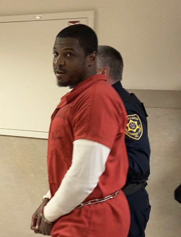 Daquan Allen, 29, of Norristown, is escorted from a Montgomery County courtroom on March 8, 2024, during a break at his preliminary hearing on homicide charges. (Photo by Carl Hessler Jr. - MediaNews Group)