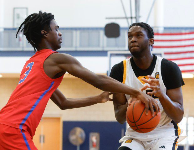 Public/Catholic School Select's Cedric Rodriguez, left, slaps the ball away from the BABC's Ben Ahmed on Saturday in Quincy. (Photo by Paul Connors/Media News Group/Boston Herald)