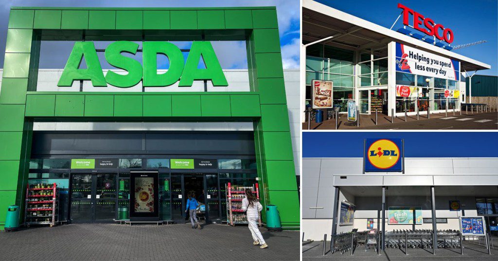 The shopfronts of Asda, Tesco and Lidl.