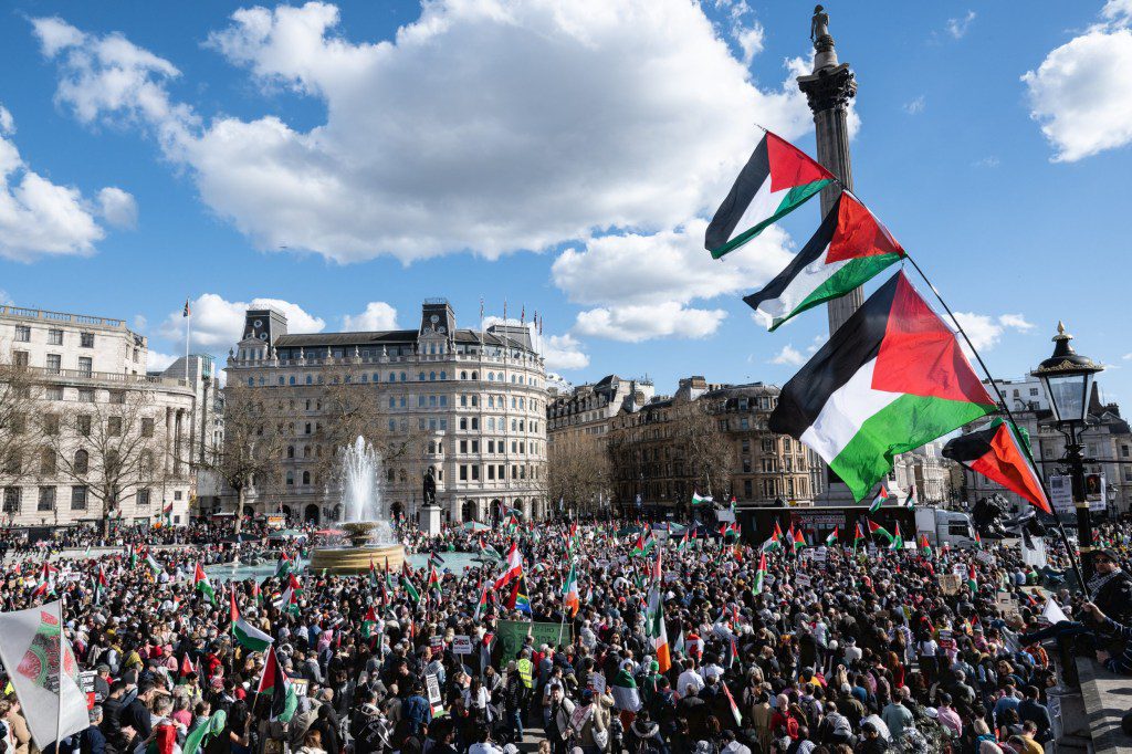 LONDON, ENGLAND - MARCH 30: The Ceasefire Now protest rallies in Trafalgar square on March 30, 2024 in London, England. (Photo by Guy Smallman/Getty Images)