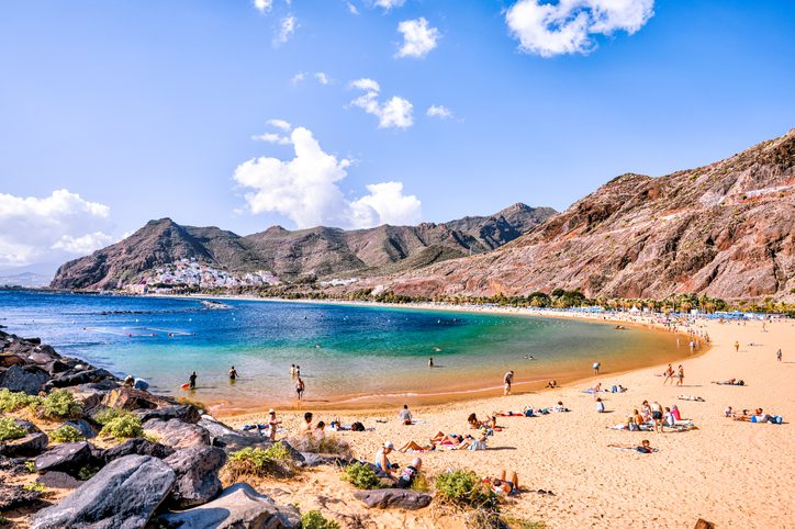 The pier and beach of Playa de las Teresitas on the island of Tenerife in Spain's Canary Islands