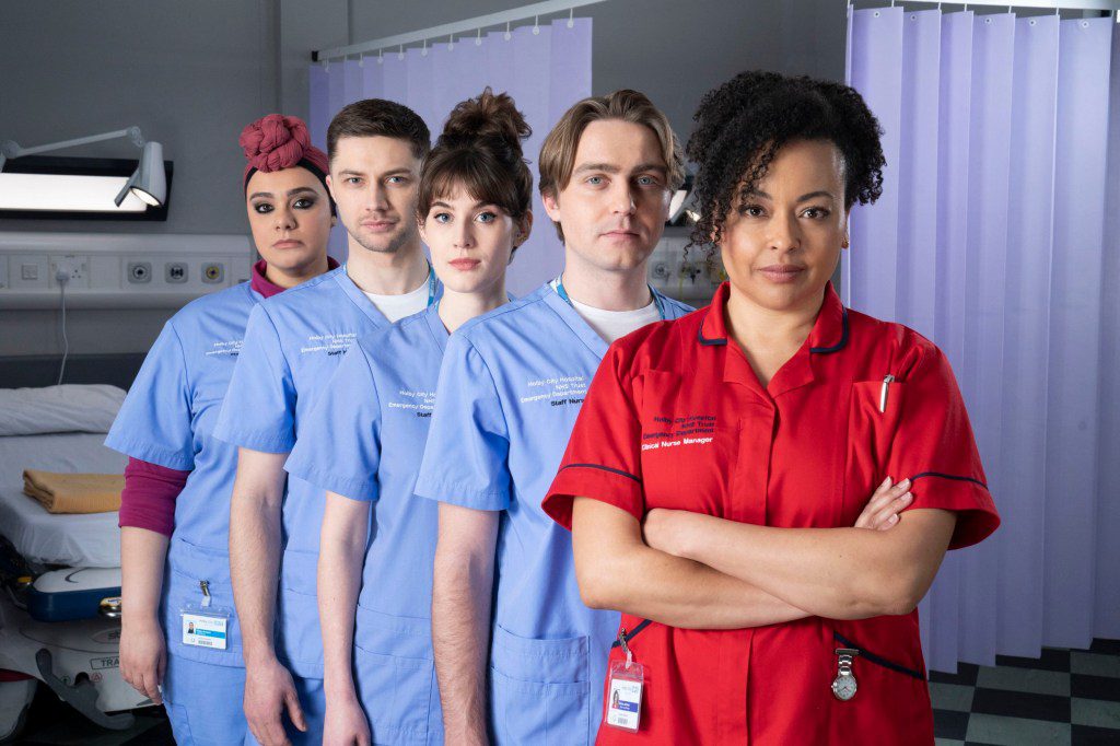 (Left to right) Sarah Seggari, Eddie-Joe Robinson, Anna Chel, Barney Walsh and Jaye Jacobs who play nurses Rida, Ryan, Jodie, Cam and Donna in Casualty