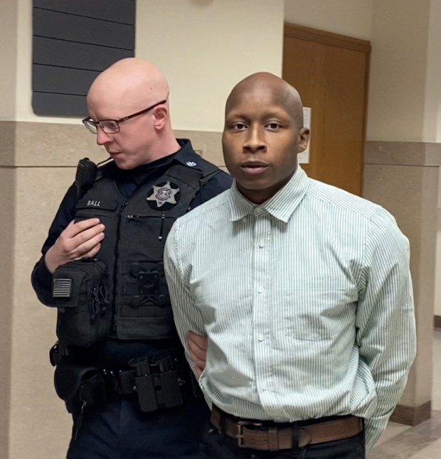 Andrew Wiley is escorted by a deputy sheriff from a Montgomery County courtroom on Nov. 29, 2023 after a jury convicted him of attempted murder of a law enforcement officer. (Photo by Carl Hessler Jr. - MediaNews Group)