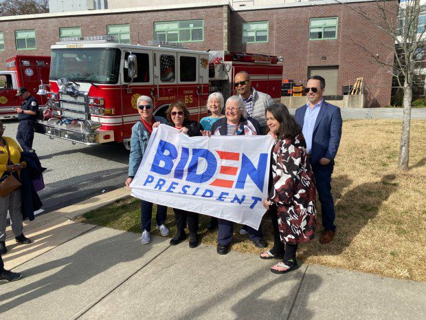 Supporters gather before the arrival of President Joe Biden at Strath Haven Middle School. (PETE BANNAN-DAILY TIMES)