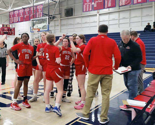 Upper Dublin players prepare to take the court after a timeout against Cardinal O'Hara during the first round of the PIAA Class 6A playoffs at Cardinal O'Hara High School on Friday, March 8, 2024. (MediaNews Group)